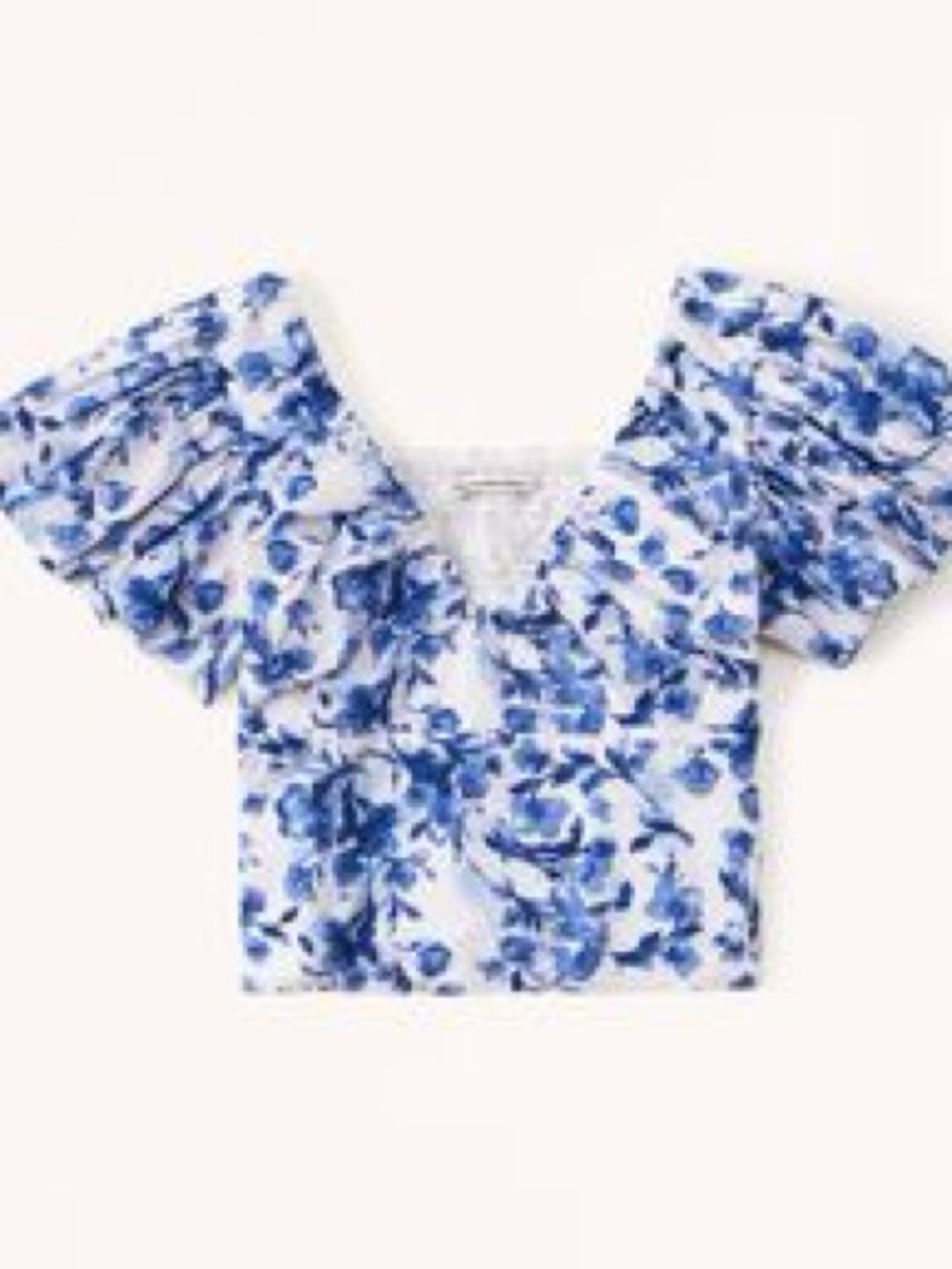 Abercrombie & Fitch White and Blue Floral Ruffle Sleeve Crop Top